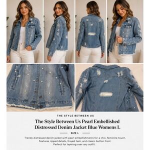 The Style Between Us Pearl Embellished Distressed Denim Jacket Blue Womens L